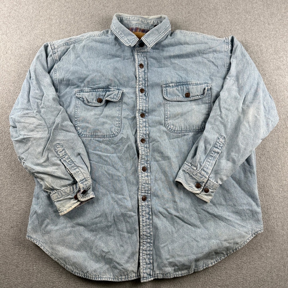 Vintage St. Johns Bay Shirt Mens XL Light Wash Flannel Lined Denim Button Blue